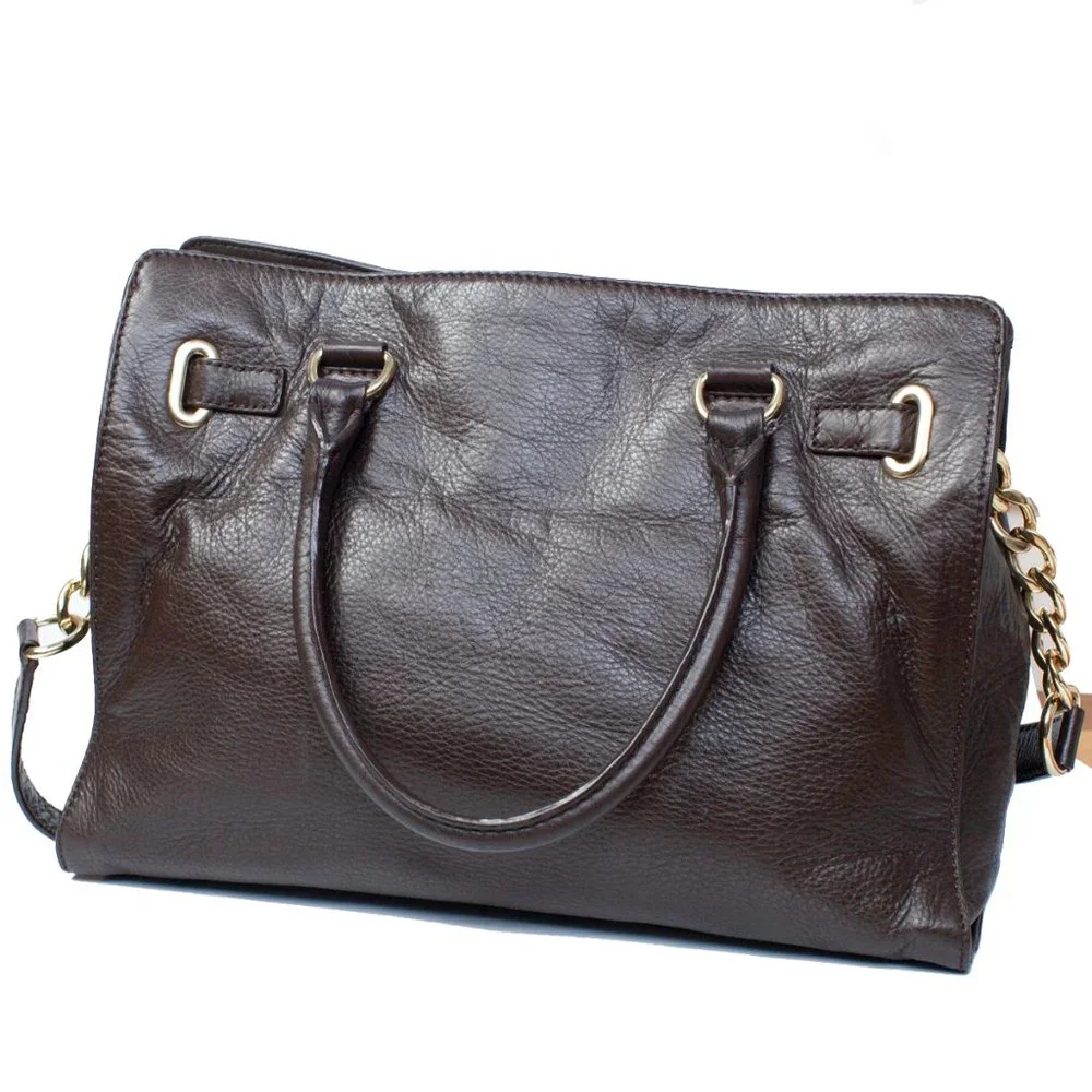 Michael Kors Hamilton East West Satchel Brown Pebbled Leather Gold Hardware